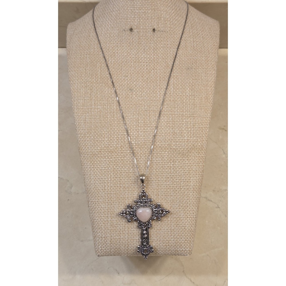 Large Vintage Sterling Silver & Rose Quartz Gothic Cross Pendant Necklace 18-20"